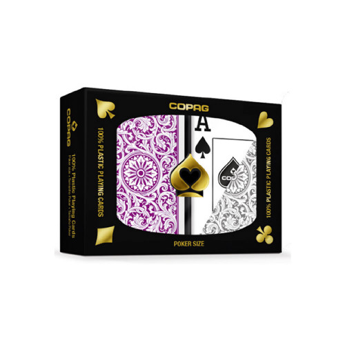 Set carti de joc poker Copag 1546 (Brazilia), 100% plastic, 2 pachete, purple si grey, in cutie de plastic